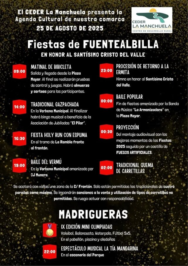 🌟💛💚💙💜 AGENDA CULTURAL LA MANCHUELA 💜💙💚💛🌟
━━━━━━━━━━━━━━━━━━━
📅 25 de agosto
🔥 ¡Seguimos en fiestas!
🎉 ¿Crees que lo podremos resistir?!!!

✨ Comparte, difunde y vive La Manchuela ✨