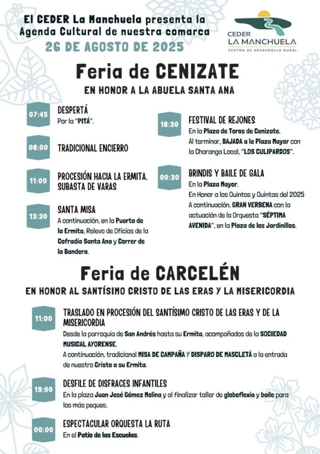 🌟💛💚💙💜 AGENDA CULTURAL LA MANCHUELA 💜💙💚💛🌟
━━━━━━━━━━━━━━━━━━━
📅 26 y 27 de agosto
🔥 ¡Seguimos en fiestas! 
🎉 y Madrigueras se está preparando para empezar las suyas!!!

✨ Comparte, difunde y vive La Manchuela ✨