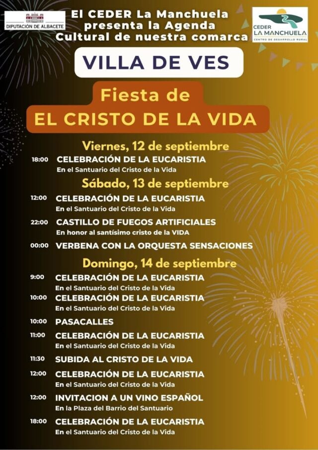 🌟💛💚💙💜 AGENDA CULTURAL DE LA MANCHUELA 💜💙💚💛🌟
━━━━━━━━━━━━━━━━━━━
📅 Del 12 al 14 de septiembre

🙏 Celebración del Cristo de la Vida – Villa de Ves
Un Cristo muy venerado y aclamado por miles de fieles que, con grandísima devoción, acuden estos días al Santuario del Cristo de la Vida.

📍 Su templo se asienta en uno de los parajes más espectaculares y sorprendentes de La Manchuela: un peñón rocoso en las laderas de los cañones del río Júcar, sobre el embalse del Molinar.

🏰 En este mismo lugar se encontraba el histórico Castillo de Ves, cuyos vestigios aún pueden apreciarse: lienzos de muralla, muros de tapial y restos de aljibes.

🌿 Una gran oportunidad para conocer este rincón único de nuestra comarca, donde este fin de semana la tradición, la devoción y la naturaleza se unen en un marco incomparable.

💚 La Manchuela sigue llena de vida…
💛 ¡Y tú eres parte imprescindible de ella!