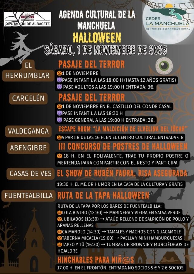 🎃🧙‍♀️💀 AGENDA CULTURAL DE LA MANCHUELA 💀🧙‍♀️🎃
━━━━━━━━━━━━━━━━━━━
📅 Fin de semana del 1 y 2 de noviembre de 2025

👻 ¡Seguimos con un fin de semana lleno de vida, cultura y emoción en La Manchuela! 🌕✨

🎭 Pasajes del terror, escape rooms, concursos de postres, rutas de la tapa y fiestas de Halloween en nuestros pueblos 🕸️🧁🍻

🎬 Casas Ibáñez acoge el cine de Territorios Abycine y el gran espectáculo de danza FoliaJazz, una fusión increíble de flamenco y jazz 💃🎷

🌌 Observaciones astronómicas en Casas Ibáñez y El Herrumblar, para disfrutar del cielo manchego 🌠🔭

🌲 Abengibre celebra sus III Jornadas Micológicas 🍄, combinando naturaleza, aprendizaje y convivencia rural 🌿

💚 Cultura – Tradición – Ocio – Naturaleza 💛

🌄 La Manchuela sigue llena de vida…
¡Y tú eres una parte imprescindible de ella! 🚀

📲 Difunde, comparte y vive tu comarca

#AgendaCultural #HalloweenLaManchuela #CEDERLaManchuela #DiputaciónDeAlbacete #OrgulloRural #CulturaViva #FoliaJazz #AstronomíaRural #JornadasMicológicas #LaManchuela