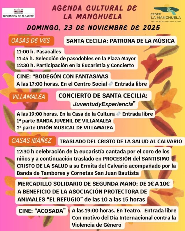 🌟 AGENDA CULTURAL DE LA MANCHUELA 🌟
📅22, 23, 24 y 25 de noviembre de 2025

La Manchuela vuelve a demostrarnos que es una comarca viva, unida y comprometida 💛💜

Este fin de semana nuestros pueblos se llenan de música, cultura, tradición y, sobre todo, de actos en memoria de las mujeres víctimas de violencia, porque La Manchuela alza la voz por la igualdad ✊💜

La Manchuela demuestra, una vez más, que es una comarca con corazón, cultura y valores 💫
Sigamos construyendo un territorio más justo e igualitario.

📲 Comparte, difunde y apoya a tu comarca.
💚 #CEDERLaManchuela