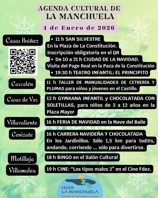 Agenda Cultural de la comarca de La Manchuela del 4 de Enero de 2026. 
A disfrutar!!!