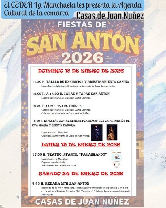 🔥🐖 San Antón en La Manchuela 🐖🔥
Estos días, nuestros pueblos se unen para celebrar San Antón, una de las tradiciones más queridas de toda la comarca de La Manchuela, es la fiesta de nuestro amor por los animales.
 Hogueras, bendición de animales, pasacalles, música, comidas populares y fiestas que llenan las calles de convivencia, hermandad y orgullo rural 🤝✨
San Antón es mucho más que una fiesta:
 es tradición compartida, encuentro entre generaciones y una forma de mantener vivas nuestras raíces y tradiciones❤️
📍 Vive San Antón en los pueblos de La Manchuela
 🎶 Cultura, unión y tradición que nos hacen comarca
#CEDERLaManchuela 
 #SanAntón #TradiciónViva #LaManchuela #OrgulloRural #AgendaCulturaManchuela