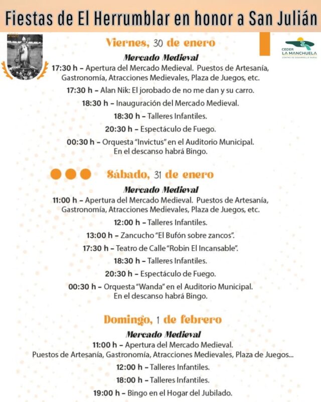 🎭 AGENDA CULTURAL DE 
LA MANCHUELA 🎭

🎉 Continúan las Fiestas de San Julián en El Herrumblar, con tradición, convivencia y actividades para todos los públicos.
🔥 Y se suman las Fiestas de San Blas en Serradiel, una cita muy arraigada que mantiene vivas nuestras costumbres y la identidad rural.

Además, más actos culturales llenan nuestros pueblos, gracias al gran esfuerzo de ayuntamientos,  asociaciones y vecinos por ofrecer cultura y ocio para toda la comarca.

💚 La Manchuela es tradición, participación y cultura viva.

#LaManchuela #AgendaCultural #SanJulián #SanBlas #CulturaRural #cederlamanchuela