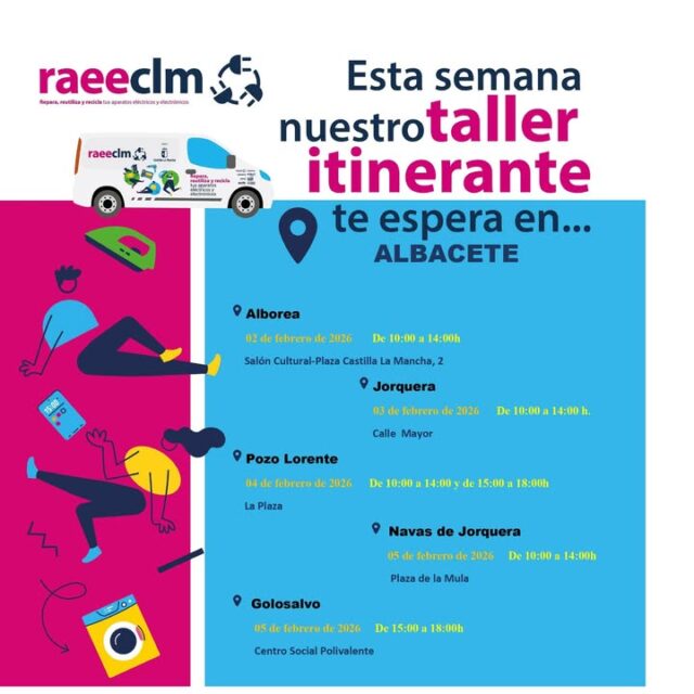 La furgoneta taller y la campaña  REPARA, REUTILIZA Y RECICLA tus aparatos eléctricos y electrónicos recorrerá La Manchuela en los siguientes municipios:   la próxima semana  municipios del ámbito de su Asociación , de los cuales adjuntamos cartel para su difusión :

02 de febrero-Alborea 
03 de febrero-Jorquera 
04 de febrero-Pozo Lorente
05 de febrero- Navas de Jorquera 
05 de febrero- Golosalvo

👉Te enseñamos cómo puedes reparar tus aparatos eléctricos o electrónicos.

🛠️Si tienes alguno que no te funcione, puedes traerlo ¡Te ayudamos a darle una segunda vida!

♻️ También puedes entregarnos los #raee de pequeño tamaño que no te funcionen. 🖱️🎮📱ara ampliar la información pinchen en el link de la web: Talleres itinerantes - RAEE CLM

 REPARA, REUTILIZA Y RECICLA es un proyecto de concienciación ambiental que tiene como objetivo sensibilizar a la población sobre la importancia de optar por alternativas de consumo sostenibles, fomentando la capacitación de los consumidores, la reutilización y el reciclaje de los electrodomésticos.

Las actividades de Repara, Reutiliza, Recicla se dirigen a la ciudadanía en general. Quienes lo deseen pueden acercarse al stand de la furgoneta taller con sus electrodomésticos, donde el equipo reparador y educador ofrecerá asesoramiento para la reparación, siempre que sea posible, de los aparatos eléctricos y electrónicos de forma segura y gratuita. 

 El proyecto, impulsado por RAEE CLM en colaboración con JCCM y las entidades locales, tiene como objetivo promover un cambio en la mentalidad de la ciudadanía, pasando del modelo de comprar-usar-tirar al de comprar-reparar-reutilizar mediante acciones que fomentan la reparación, reparabilidad y la reutilización de los aparatos eléctricos y electrónicos de los hogares.

 La actividad es gratuita para el ciudadano 

 Así mismo estamos en contacto para contar con vuestra colaboración en hacer llegar al máximo de personas, colectivos ésta información. 

👉Te enseñamos cómo puedes reparar tus aparatos eléctricos o electrónicos.

🛠️Si tienes alguno que no te funcione, puedes traerlo ¡Te ayudamos a darle una segunda vida!

♻️ También puedes entregarnos los #raee de pequeño tamaño que no te funcionen. 🖱️🎮📱