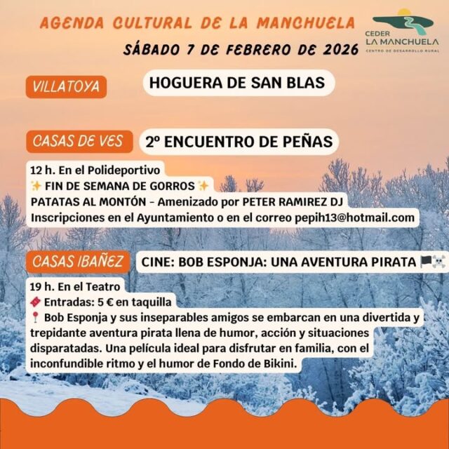 🎭✨ Agenda Cultural de La Manchuela ✨🎭

Continuamos con la Agenda Cultural de la Comarca y calentando motores para el Carnaval 🎉, para celebrar Jueves Lardero 🥖🥓 y despedir la fiesta con el tradicional Entierro de la Sardina 🐟🔥.

💚 Cultura, identidad y diversión para todas las edades.

#agendacultural #LaManchuelaViva #cederlamanchuela 🎭🎶