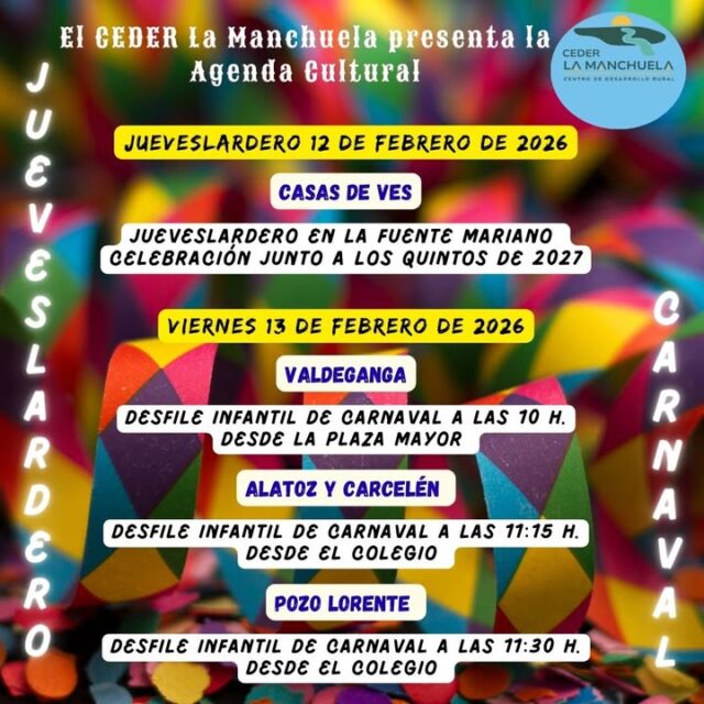 🎭🥖 *JUEVES LARDERO Y CARNAVAL EN LA MANCHUELA* 🥖🎭

La Manchuela se llena de color, tradición y alegría 🎉
Celebramos JuevesLardero, compartiendo mona u ornazo con familia y amigos, y damos paso al Carnaval, días de disfraces, música y diversión en nuestros pueblos.

Porque aquí la cultura se vive en la calle, se comparte y nos une como comarca 💚
¡La Manchuela no para!

#JuevesLardero #CarnavalEnLaManchuela #TradicionesQueUnen
#CulturaRural #FiestaYTradición #CEDERLaManchuela 🎊🎭