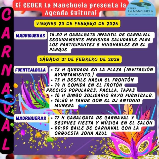 🎭🎉 Carnaval en La Manchuela 🎉🎭
Seguimos disfrutando del Carnaval y apurando los últimos días de risas, disfraces y buen ambiente 🕺🎶
Nuestros pueblos se llenan de color, tradición y ganas de compartir 💛
¡La Manchuela vive el Carnaval!
#cederlamanchuela #CarnavalLaManchuela #ViveLaComarca
#FiestaYTradición #LaManchuelaNoPara 🎭✨