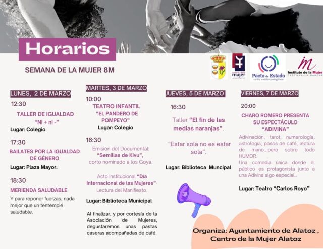 💜 La comarca de La Manchuela celebra el 8 de marzo 💜

Nuestros pueblos se unen para conmemorar y reivindicar el Día Internacional de la Mujer, con numerosos actos, actividades culturales y encuentros que ponen en valor el papel fundamental de las mujeres en el medio rural.

Comenzamos esta programación con la Semana de la Mujer de Alatoz, una iniciativa que abre días de reflexión, participación y convivencia en toda la comarca.

💜 Igualdad, reconocimiento y orgullo de las mujeres.
💚 La Manchuela avanza unida.

#8m #díadelamujer #MujerRural
#lamanchuela #igualdad #CEDERLaManchuela 💜