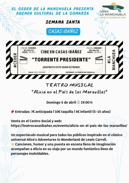 ✨ La Semana Santa se vive también con cultura, ocio y tradición en la Manchuela ✨

Esta semana nuestra comarca se llena de planes para todos: cultura, deporte, tradición y diversión para disfrutar en familia y con amigos.

🧭 Inauguración del circuito permanente de orientación en Casas de Ves, una nueva forma de disfrutar del deporte en la naturaleza.
🏰 Mercado medieval en Alcalá del Júcar, donde viajar al pasado entre artesanía, gastronomía y espectáculos.
🎭 Teatro musical “Alicia en el País de las Maravillas” en Casas Ibáñez.
🎬 Cine con el estreno de Torrente Presidente.
🎲 Escape room para niños y jóvenes en Casas de Ves.
🎨 Talleres infantiles y juegos en Motilleja y Valdeganga.
🍷 Ruta del Vino de La Manchuela, una experiencia para descubrir nuestros vinos.
🔥 Y la tradición del Chozo en El Herrumblar, donde se unen fe, gastronomía, cultura y fiesta.

📍 Una agenda llena de actividades que demuestra que La Manchuela está más viva que nunca.

👉 Consulta la programación completa y disfruta de la Semana Santa en nuestros pueblos.

#CEDERLaManchuela #LaManchuela #SemanaSanta #CulturaRural #TurismoLaManchuela #agendacultural