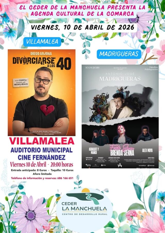 🎭✨ La cultura sigue viva en La Manchuela ✨🎶

La comarca se llena de propuestas para todos los gustos y edades. Esta noche y durante los próximos días podrás disfrutar de una agenda cultural variada, cercana y de gran calidad:

🎤 En Madrigueras, gran concierto del artista Antonio José
😂 En Villamalea, monólogo con Diego Arjona y cine
👨‍👩‍👧‍👦 Teatro familiar con El Principito en Fuentealbilla
🎭 Sainetes en Alborea y teatro flamenco con Las 13 Rosas en Casas Ibáñez
🥋 Actividades como judo en familia en Mahora
🥾 Rutas de senderismo para disfrutar de nuestro entorno en Casas de Juan Núñez

🌿 Una programación pensada para todos los públicos, que combina cultura, ocio y participación en nuestros pueblos.

📍 Disfruta, participa y vive La Manchuela

#cederlamanchuela #AgendaCultural #CulturaRural #PlanesConEncanto #TurismoLaManchuela