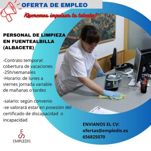 Oferta de empleo como personal de limpieza en Fuentealbilla