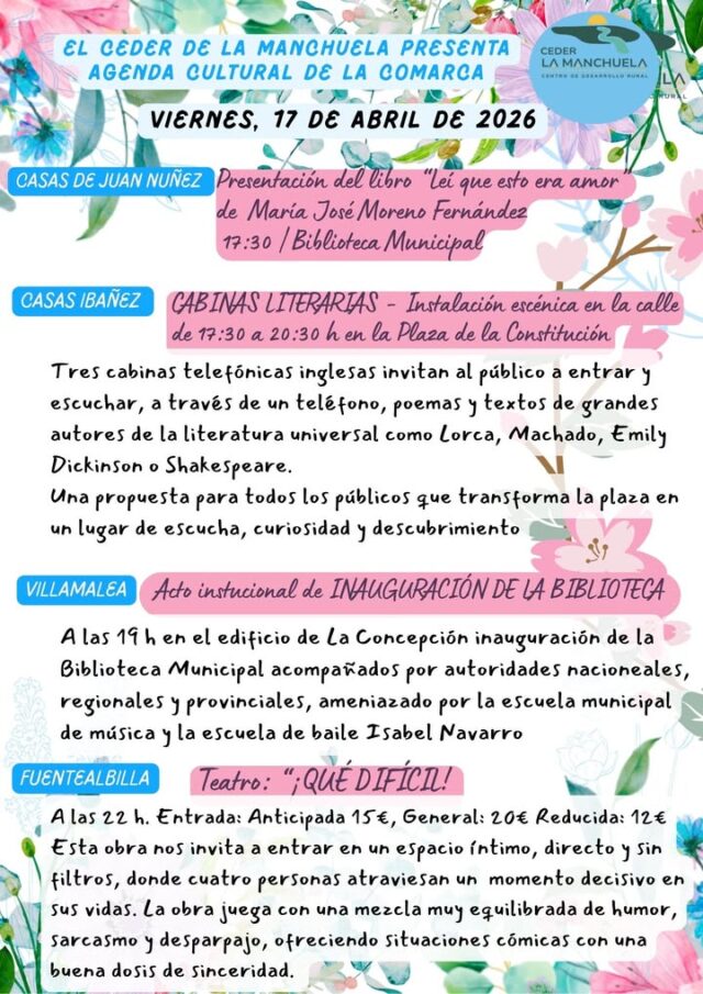 📣 AGENDA CULTURAL DE LA MANCHUELA

Este fin de semana la comarca vuelve a latir con fuerza ❤️

🥘 Madrigueras nos reúne alrededor de la tradición con sus gazpachos, uno de los sabores más auténticos de nuestra tierra.
🎤 Y en Villamalea, la música cobra protagonismo con el gran concierto de Sylvia Pantoja, un espectáculo lleno de emoción y recuerdos.

Cultura, gastronomía y música que nos unen, nos identifican y hacen grande La Manchuela 🌄

✨ Vive, siente y disfruta nuestra comarca

#CEDERLaManchuela #AgendaCultural #LaManchuela #Tradición #TurismoRural #CulturaViva
