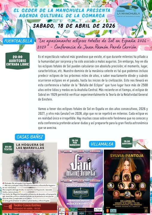 📣 AGENDA CULTURAL · LA MANCHUELA

Este fin de semana la comarca vuelve a latir con fuerza ❤️

🥘 Madrigueras nos reúne alrededor de la tradición con sus gazpachos, uno de los sabores más auténticos de nuestra tierra.
🎤 Y en Villamalea, la música cobra protagonismo con el gran concierto de Sylvia Pantoja, un espectáculo lleno de emoción y recuerdos.

Cultura, gastronomía y música que nos unen, nos identifican y hacen grande La Manchuela 🌄

✨ Vive, siente y disfruta nuestra comarca

#CEDERLaManchuela #AgendaCultural #LaManchuela #Tradición #TurismoRural #CulturaViva