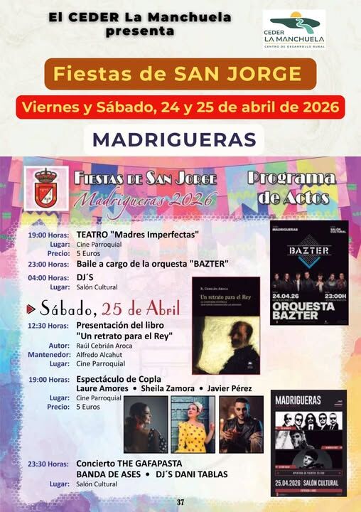 🎉 AGENDA CULTURAL de LA MANCHUELA
Continúan las Fiestas de San Jorge en Madrigueras y Golosalvo, con un programa repleto de actividades para disfrutar al máximo 🥳
Música, tradición, encuentros, diversión y momentos para compartir que llenan de vida nuestros pueblos y refuerzan ese sentimiento de unión que hace única a La Manchuela ❤️
🌄 Días para salir, participar y vivir nuestras fiestas como se merecen
#CEDERLaManchuela #LaManchuela #SanJorge #Fiestas #Tradición #Cultura #PueblosVivos