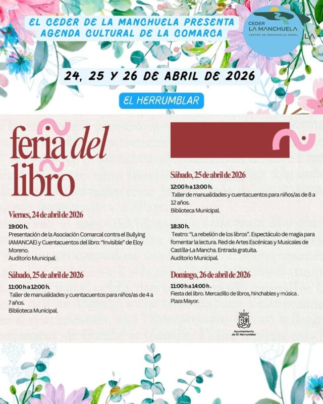 📣 AGENDA CULTURAL de LA MANCHUELA

La comarca sigue llena de vida y propuestas para todos los públicos 🌄

🎉 A las fiestas de la Virgen de la Cabeza y San Jorge, se suman nuevas actividades que enriquecen nuestra agenda:
📚 Ferias del libro en El Herrumblar y Villamalea
🔭 Observación astronómica y conferencia en Villa de Ves
💃 Talleres de bachata en Mahora
🎭 Cine y teatro en distintos municipios
🙏 Y la presentación de la restauración de la imagen de San Isidro en Casas de Juan Núñez

✨ Cultura, tradición, ciencia, música y ocio que hacen de La Manchuela un destino lleno de experiencias únicas

🌿 Ven, participa y disfruta de nuestros pueblos

#CEDERLaManchuela #LaManchuela #AgendaCultural #TurismoRural #Cultura #Tradición #PueblosVivos