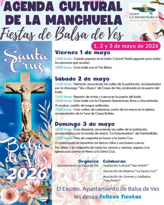 🎉 Comienzan las fiestas en honor a la Santa Cruz en Pozo Lorente y Balsa de Ves
🙏 Celebramos la romería de Alborea, reflejo de nuestra devoción y raíces
🦋 Y además, propuestas culturales como la exposición de insectos en La Recueja, y otras muchas actividades en Casas de Juan Núñez, Villamalea y Casas Ibáñez

✨ Tradición, cultura, naturaleza y convivencia que hacen única a La Manchuela

🌿 Disfruta de nuestra tierra… y de su gente

#CEDERLaManchuela #LaManchuela #AgendaCultural #Tradición #Fiestas #Cultura #TurismoRural #PueblosVivos