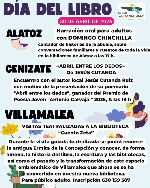 📣 AGENDA CULTURAL · LA MANCHUELA

Fin de semana muy intenso en nuestra comarca 🌄

📚 La cultura abre paso en Cenizate con la presentación del libro de Jesús Cutanda, ganador del premio de poesía joven Antonio Carvajal
🎶 Y continuamos con una de nuestras tradiciones más queridas: los Mayos a la Virgen, que llenan de música y emoción casi todos los pueblos

🎉 Comienzan las fiestas en honor a la Santa Cruz en Pozo Lorente y Balsa de Ves
🙏 Celebramos la romería de Alborea, reflejo de nuestra devoción y raíces
🦋 Y además, propuestas culturales como la exposición de insectos en La Recueja, y otras muchas actividades en Casas de Juan Núñez, Villamalea y Casas Ibáñez

✨ Tradición, cultura, naturaleza y convivencia que hacen única a La Manchuela

🌿 Disfruta de nuestra tierra… y de su gente

#CEDERLaManchuela #LaManchuela #AgendaCultural #Tradición #Fiestas #Cultura #TurismoRural #PueblosVivos