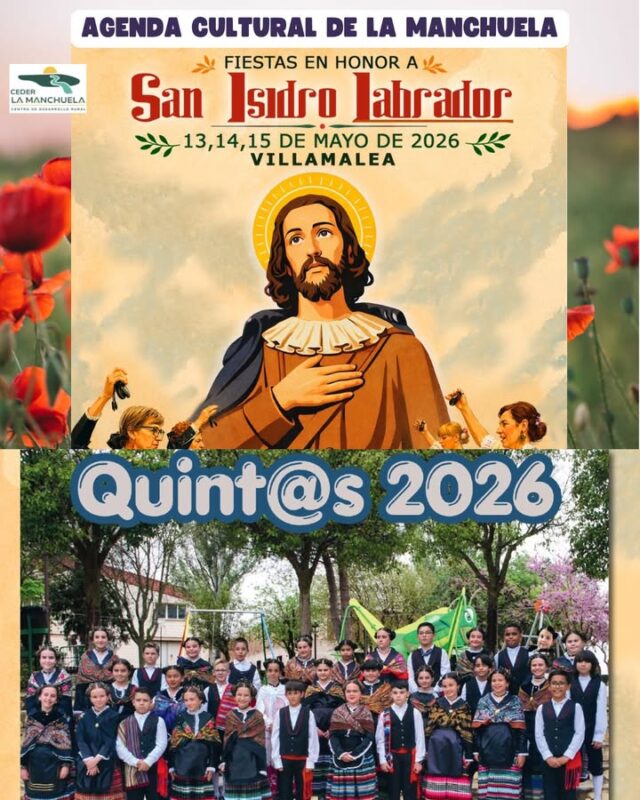 🌾🎉 LLEGAN LAS FIESTAS DE SAN ISIDRO A LA MANCHUELA 🎉🌾

Comienza una de las fiestas más queridas, esperadas y celebradas en toda nuestra comarca: las fiestas en honor a San Isidro, patrón de los agricultores 🚜🌿

Una tradición profundamente arraigada en La Manchuela y que se vive con intensidad en la mayoría de nuestros pueblos. Cenizate y Casas de Juan Núñez ya las disfrutan desde el pasado fin de semana y mañana arrancan en Villamalea, seguidas de Casas de Ves y el resto de municipios de nuestra comarca 🌄

San Isidro es tradición, raíces y sentimiento ❤️
Son los concursos de corte y arada, las carrozas, las cucañas, las romerías y procesiones, las bendiciones de nuestros campos, los bailes y las fiestas populares. Son las comidas compartidas, la cuerva elaborada con los magníficos vinos de La Manchuela 🍷, la convivencia y la hermandad de un pueblo que se reúne para celebrar su identidad.

Pero, sobre todo, San Isidro es un homenaje a nuestros agricultores 👨‍🌾👩‍🌾, a quienes durante generaciones han trabajado la tierra, han cuidado nuestros campos y han sido el motor de nuestra economía y de nuestros pueblos.

🌾 En honor a nuestra tierra, a nuestras raíces y a nuestra gente… ¡vamos a celebrar San Isidro a lo grande!

#CEDERLaManchuela #LaManchuela #SanIsidro #Tradición #Agricultura #Fiestas #PueblosVivos #TurismoRural #OrgulloRural