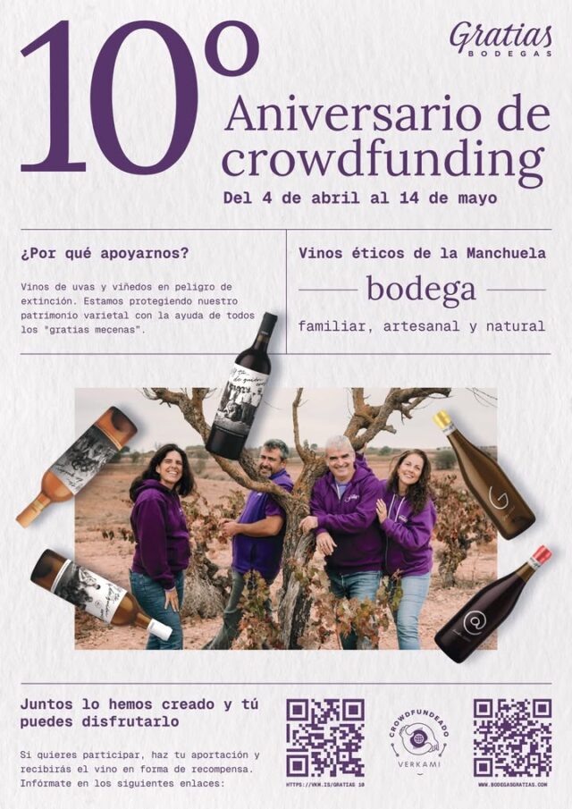 ✨ ÚLTIMO DÍA ✨

10 años después… seguimos defendiendo los vinos y viñedos en peligro de extinción de la Manchuela 💜🍇

Nuestro Verkami entra en la recta final y queremos preguntarte algo:

👉 ¿Y tú… de quién eres?
🍷 De los vinos auténticos
🌱 De la viticultura ecológica
👨‍👩‍👧‍👦 De las bodegas familiares
💜 De quienes cuidan el patrimonio varietal para que no desaparezca

Si eres de los nuestros, todavía estás a tiempo de formar parte de este proyecto y brindar con nosotros.

📅 Último día para apoyar nuestro crowdfunding
🎁 Recibirás vino como recompensa
📍Link https://vkm.is/gratias10

Gracias por acompañarnos estos 10 años.

Juntos lo hemos creado y tú puedes disfrutarlo.

#BodegasGratias #Verkami #Crowdfunding #VinoNatural #VinoEcológico #Manchuela #WineLovers #Viticultura #Orgullomanchuelo #10Aniversario