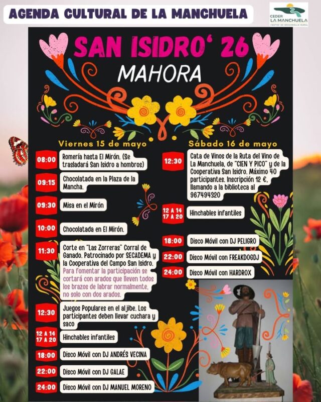 🌾🎉 AGENDA CULTURAL · SAN ISIDRO EN LA MANCHUELA (2ª PARTE) 🎉🌾

La comarca sigue celebrando a lo grande las fiestas de San Isidro ❤️

Son tantos los pueblos, actividades y tradiciones que hacen falta varias publicaciones para mostrar todo lo que se vive estos días en La Manchuela 🌄

Romerías, bendición de campos, concursos, música, carrozas, comidas populares, encuentros entre vecinos y mucha fiesta llenan nuestros pueblos de ambiente, tradición y orgullo rural 👨‍🌾🎶🍷

✨ Una celebración que une generaciones y que mantiene vivas nuestras raíces y nuestra conexión con la tierra

🌿 Gracias a todos los ayuntamientos, asociaciones, peñas y vecinos que hacen posible unas fiestas tan especiales

#CEDERLaManchuela #LaManchuela #SanIsidro #Tradición #Agricultura #PueblosVivos #Fiestas #OrgulloRural