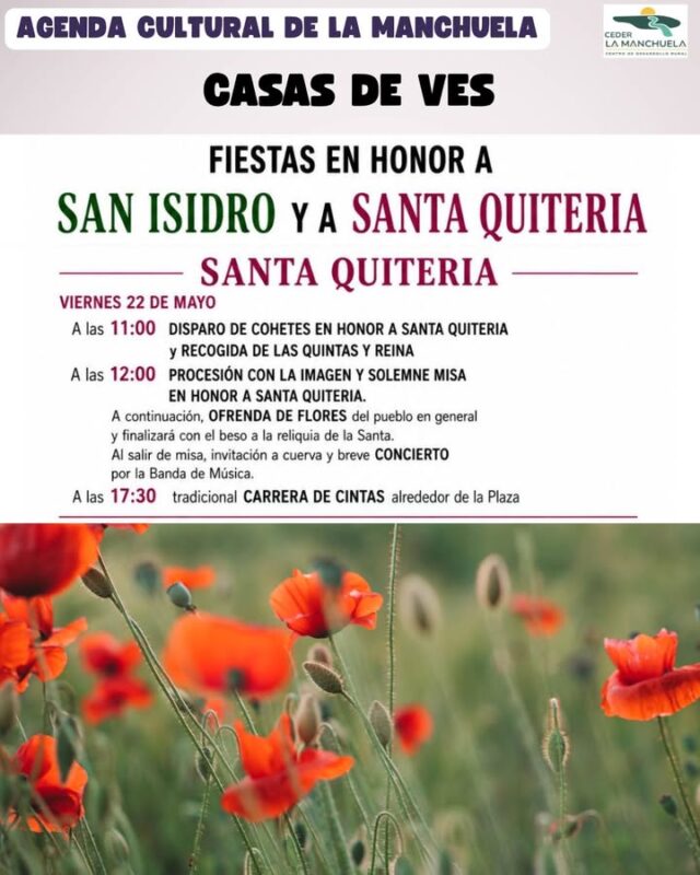 🎉🌄 La comarca sigue de fiesta y tradición

Celebramos Santa Quiteria en Casas de Ves 🙏 y continúan las fiestas en honor a la Virgen de Cubas en Jorquera ❤️

Días de devoción, convivencia y orgullo por nuestras raíces que llenan de vida La Manchuela ✨

#CEDERLaManchuela #LaManchuela #SantaQuiteria #Jorquera #Tradición #Fiestas #PueblosVivos