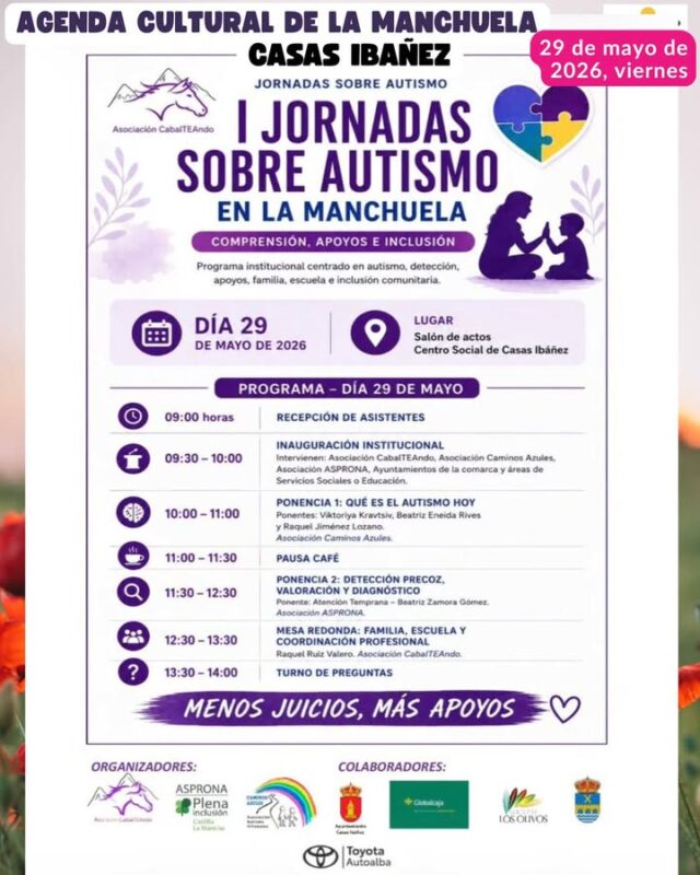☀️ La Agenda Cultural de La Manchuela sigue llenando nuestros pueblos de cultura, deporte, música, arte y convivencia.

📚 Jornadas sobre autismo en Casas Ibáñez, 🎶 recitales poéticos y musicales en Carcelén, 🎸 conciertos en Villamalea, 🌌 experiencias astroturísticas en Villa de Ves, 💃 la danza de Ismael Olivas en Fuentealbilla, 🎨 exposición del pintor Emilio Martínez en Bodegas Gratias de Casas Ibáñez, 🚴‍♂️ Madrigueras vuelve a pedalear y actividades familiares en Valdeganga por el Día de Castilla-La Mancha, 🎭 humor y teatro con el actor Franz Gómez en Casas Ibáñez.

Una comarca viva, llena de talento, tradición y propuestas para todas las edades.
❤️ Disfruta de La Manchuela❤️