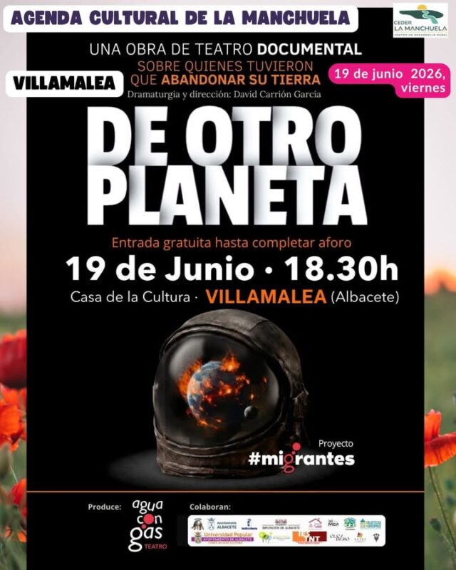 🎭🎶✨ La Agenda Cultural de La Manchuela sigue llenando nuestros pueblos de cultura, convivencia y participación.

Este fin de semana podremos disfrutar de propuestas para todos los gustos: teatro documental y las Jornadas de Interculturalidad y Diversidad en Villamalea, una nueva experiencia de observación astronómica en Villa de Ves, el concierto con motivo del Día de la Música en Alatoz y una representación teatral solidaria en beneficio de la Protectora de Animales El Refugio de Casas Ibáñez.

🌟 Cultura que une, actividades que enriquecen nuestros pueblos y un gran trabajo de asociaciones, ayuntamientos y colectivos que hacen posible que La Manchuela siga siendo una comarca viva, participativa y llena de oportunidades para disfrutar.

📍 Vive la cultura, descubre nuestros pueblos y disfruta de La Manchuela.

#cederlamanchuela #AgendaCulturalLaManchuela #LaManchuela #Cultura #Teatro #Música #Astronomía #Solidaridad #TurismoRural #ViveLaManchuela 🎭🎶🌌❤️