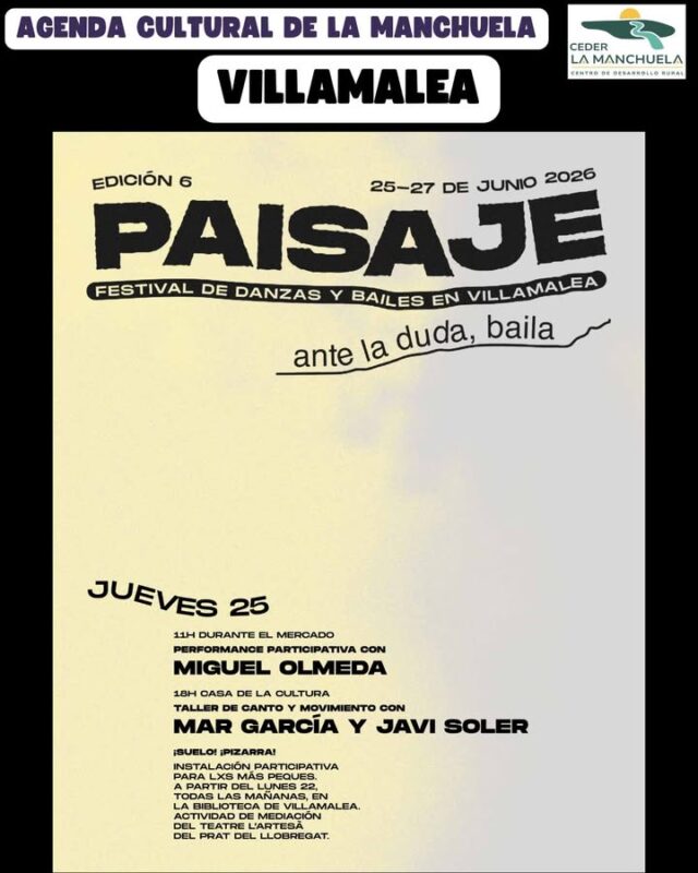 FESTIVAL PAISAJE
Este fin de semana ya es el FESTIVAL PAISAJE, y queremos avisaros que este año habrá algunas actividades que requieren inscripción, por cuestiones de aforo y mejor organización. Aquí os dejamos el programa en pdf y la información para las inscripciones. 

* Cena popular del viernes a partir de las 21h30 en la Plaza de la Concepción. Inscribirse aquí: https://docs.google.com/forms/d/e/1FAIpQLScOv5VLdwCALTtUy2UIfRGYN1WxUcnLhYBx7Hx6Cc-9d9Jn6A/viewform.

* Espectáculo en la Coopertativa del vino San Antonio Abad, el sábado a las 19h. ¡Ojo! La función dura 40 minutos, es un espectáculo que fusiona la danza con la música experimental en directo, y será el plato más contemporáneo del festival. ¡Para las mentes más abiertas! Inscripción aquí: https://docs.google.com/forms/d/e/1FAIpQLScJxyzeutMkwvy2vfbW6SAlsZ-ygpdg_tcYywPAHUu7RU8xJA/viewform.

* Para apuntarse a los talleres, podéis escribir un mensaje con vuestro nombre y apellidos al 625 216 399.