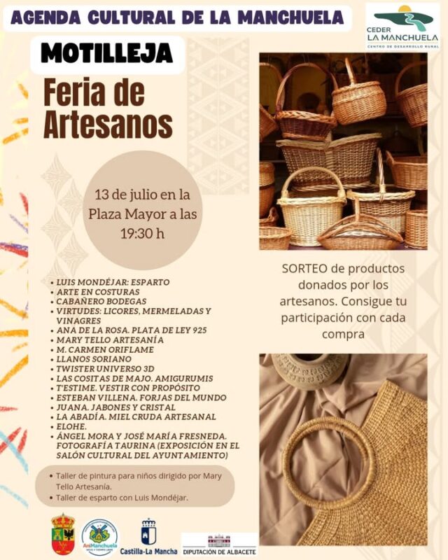 🎨✨ ¡Mañana tienes una cita con la artesanía en Motilleja a las 19:30 h! ✨🧵

La Feria de Artesanos de Motilleja abre sus puertas con una magnífica selección de artesanos que mostrarán piezas únicas, elaboradas a mano con creatividad, tradición y mucho cariño.

🛍️ Pasea entre los diferentes puestos, descubre productos exclusivos, apoya el comercio artesanal y encuentra ese regalo especial que solo puede ofrecer el trabajo hecho a mano.

🎁 Además, con cada compra participarás en el sorteo de productos artesanos.

🤝 Una oportunidad perfecta para disfrutar en familia, conocer el talento de nuestros artesanos y vivir una jornada llena de tradición, cultura y buen ambiente.

¡No faltes, te esperamos! 🎨✨