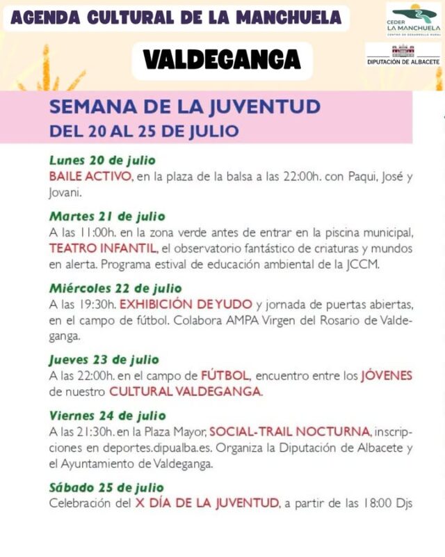 🎭☀️ AGENDA CULTURAL · LA MANCHUELA 🌿

✨ Comienza una nueva semana llena de actividades en La Manchuela.

Esta semana continúan la Semana Joven de Valdeganga y las Fiestas Socioculturales de la Asociación de Jubilados de Villamalea, con una amplia programación para todas las edades.

🎉 Además, nuestros pueblos comienzan a vivir las vísperas de las Fiestas de Motilleja y de Pozo Lorente, en honor a Santa Ana, con actividades culturales, deportivas, musicales y de convivencia que anuncian la llegada de unas de las celebraciones más esperadas del verano.

🌄 La cultura, las tradiciones, la participación y la vida en nuestros pueblos siguen siendo protagonistas en una comarca viva y llena de experiencias.

📲 Consulta la Agenda Cultural de La Manchuela y disfruta de todo lo que nuestros municipios han preparado para ti.

#CEDERLaManchuela #AgendaCultural #LaManchuela #ViveLaManchuela #VeranoCultural #Fiestas #Tradiciones #Cultura #TurismoRural ☀️🎶🎉