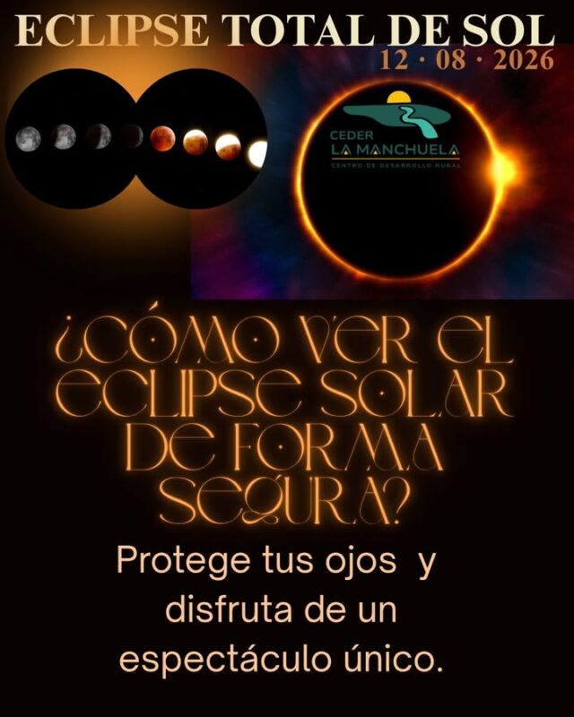 😎 Antes de mirar al cielo, protege tus ojos.

El eclipse solar del 12 de agosto será un acontecimiento único, pero observarlo de forma incorrecta puede causar lesiones oculares graves.

👓 La única forma segura de mirar directamente al Sol es utilizando gafas homologadas para eclipses solares, con certificación ISO 12312-2.

🚫 No utilices gafas de sol, radiografías, cristales ahumados, CDs ni ningún otro método casero. Ninguno de ellos ofrece la protección necesaria.

Desliza este carrusel y descubre cómo disfrutar del eclipse con total seguridad.

💬 Comparte esta publicación para que esta información llegue al mayor número de personas posible.

#EclipseSolar2026 #LaManchuela #CEDERLaManchuela #Astronomía #ObservaConSeguridad #ProtegeTusOjos #DescubreLaManchuela