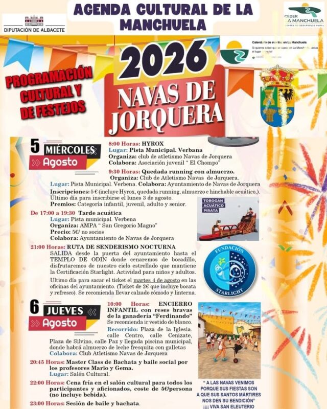 🎭☀️ AGENDA CULTURAL de LA MANCHUELA 🌿

✨ La Cultura sigue recorriendo nuestros pueblos!!!

🎉 Continúan las fiestas de Navas de Jorquera, en honor a sus santos mártires San Eleuterio y San Liberato, y comienzan las Fiestas de Verano de El Herrumblar, que arrancan con la tradicional Gala de Presentación y Coronación de las Reinas y Cortes de Honor Infantil y Juvenil.

🌌 Además, la comarca ofrece un sinfín de propuestas para todos los públicos: observación segura del eclipse solar, pruebas de orientación, observaciones astronómicas, conciertos, magia en Mahora, rutas nocturnas en bicicleta, senderismo en Villa de Ves y muchas más actividades para disfrutar del verano.

🌄 La Manchuela sigue demostrando que la cultura, las tradiciones, el deporte, la naturaleza y la convivencia son nuestra mejor seña de identidad.

📲 Consulta toda la programación en la web del CEDER La Manchuela https://lamanchuela.es/eventos/ y disfruta de un verano lleno de experiencias.

#CEDERLaManchuela #AgendaCultural #LaManchuela #ViveLaManchuela #VeranoCultural #Fiestas #Tradición #Cultura #TurismoRural 🎭🎶🌿☀️https://lamanchuela.es/eventos/