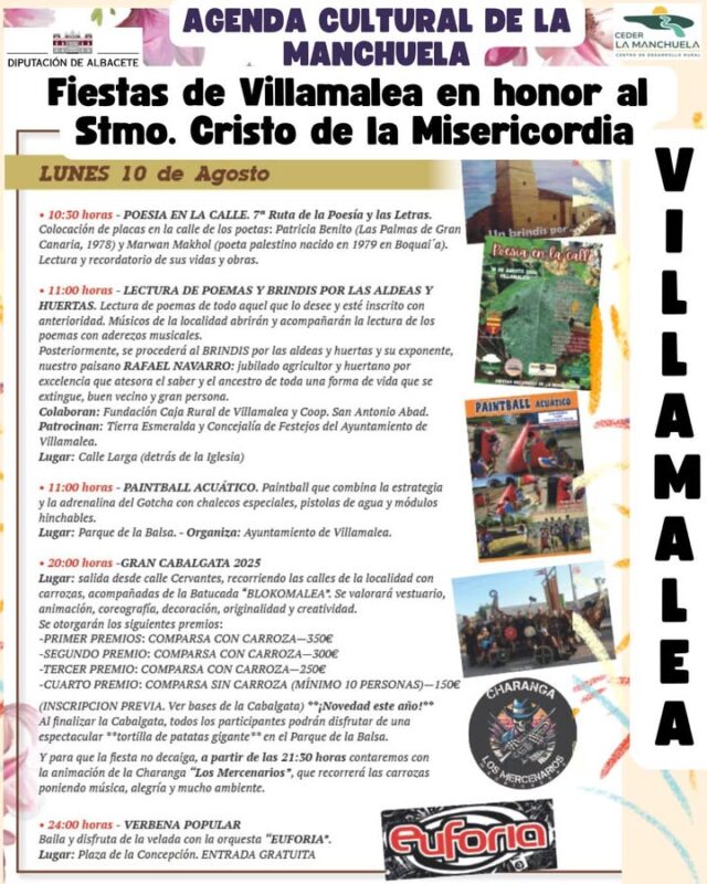 🎉☀️ AGENDA CULTURAL · LA MANCHUELA 🌿🎶

✨ ¡Comienzan las Fiestas de Villamalea en honor al Santísimo Cristo de la Misericordia!

Uno de los momentos más esperados del verano llega con un sinfín de actividades para todos los públicos: música, cultura, tradición, diversión, encuentros y mucha vida en las calles.

🎭🎶 Unas fiestas para disfrutar y compartir, donde la devoción, las tradiciones y la convivencia se unen para hacer de estos días una celebración muy especial para vecinos y visitantes.

🌄 ¡Vive Villamalea, vive sus fiestas y disfruta de La Manchuela!

📲 Consulta toda la programación en la Agenda Cultural de La Manchuela.

#CEDERLaManchuela #AgendaCultural #LaManchuela #Villamalea #CristoDeLaMisericordia #Fiestas #Tradición #ViveLaManchuela 🎉🙏🎶