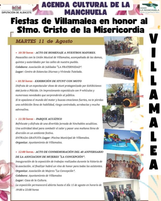 🎭☀️ AGENDA CULTURAL · LA MANCHUELA 🌿🎶

✨ La Manchuela continúa viviendo un verano lleno de fiestas, cultura y actividades para todos.

🎉 Continúan las fiestas de Villamalea, Alcalá del Júcar y Navas de Jorquera, llenando nuestros pueblos de deporte, cultura, convivencia, diversión, bailes y orquestas.

😂 En Mahora, el humorista Rubén Fael pondrá la nota de humor, mientras Motilleja y Alatoz nos acercan al fascinante mundo de la astronomía. 🌌🔭

🧭 También tendremos pruebas de orientación en Mahora, un original taller de escritura y vino en el Castillo del Conde de Casal de Carcelén, un taller de elaboración de queso en Pozo Lorente, además de cine, teatro y muchas propuestas más.

🌄 Cultura, tradición, naturaleza, gastronomía y diversión siguen haciendo de La Manchuela una comarca viva y llena de experiencias.

📲 Consulta toda la programación en www.lamanchuela.es y descubre todo lo que puedes disfrutar estos días en nuestros pueblos.

#CEDERLaManchuela #AgendaCultural #LaManchuela #ViveLaManchuela #VeranoEnLaManchuela #Fiestas #Cultura #Tradición #TurismoRural #Experiencias 🎉🌿🎶
