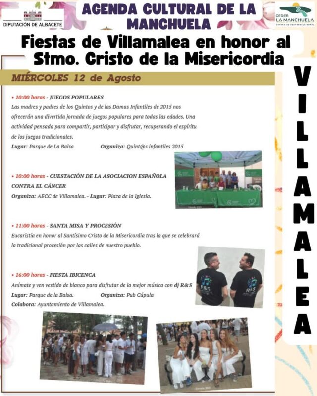 🎭☀️ AGENDA CULTURAL · LA MANCHUELA 🌿🎶

✨ ¡La Manchuela no para! Continúan las fiestas y las actividades llenan nuestros pueblos de cultura, tradición, música, deporte y convivencia.

🎉 Villamalea continúa sus fiestas con un gran programa para hoy, con fiesta ibicenca, fiesta de la espuma y espectáculos de flamenco y cante. También siguen la Fiesta del Júcar, las fiestas de los 80 y 90 y las celebraciones de otros municipios que encaran sus últimos días de fiesta.

🎶 Además, disfrutaremos de mercadillos solidarios, conciertos, jornadas gastronómicas, cenas solidarias, concursos, discomóviles y muchas más propuestas.

🌌 Y el cielo también será protagonista con marchas nocturnas y observaciones del eclipse en distintos puntos de la comarca, junto a exposiciones y actividades culturales.

🌄 La Manchuela es una comarca llena de cultura, deporte, tradición y vida. Un lugar para disfrutar, compartir y vivir experiencias con familia y amigos.

📲 Consulta toda la programación en www.lamanchuela.es y descubre todos los eventos de la Agenda Cultural de La Manchuela.

#CEDERLaManchuela #AgendaCultural #LaManchuela #ViveLaManchuela #Cultura #Tradición #Fiestas #Deporte #Gastronomía #VeranoEnLaManchuela 🎉🌿🌌
