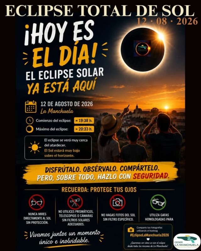 🌘 ¡Hoy es el día!

Después de tantos días preparando esta cuenta atrás, el eclipse solar del 12 de agosto ya está aquí. 🌞✨

Desde CEDER La Manchuela queremos animaros a disfrutar de este momento único, pero sobre todo, a hacerlo con seguridad.

👓 Nunca mires directamente al Sol sin gafas homologadas para eclipses.
📸 Si vas a fotografiarlo, utiliza el material y los filtros adecuados.
🔭 Nunca uses prismáticos o telescopios sin filtros solares específicos.
🚫 Las gafas de sol convencionales y los métodos caseros no protegen la vista.

Y recuerda: no solo mires al cielo. Observa cómo cambia la luz, el paisaje y el ambiente que nos rodea. 🌅

Disfrútalo. Obsérvalo. Compártelo. Pero, sobre todo, hazlo con seguridad. 💛

🌘 ¡Feliz eclipse, La Manchuela!

#EclipseSolar2026 #EclipseLaManchuela2026 #LaManchuela #CEDERLaManchuela #12DeAgosto #Astronomía #ObservaConSeguridad