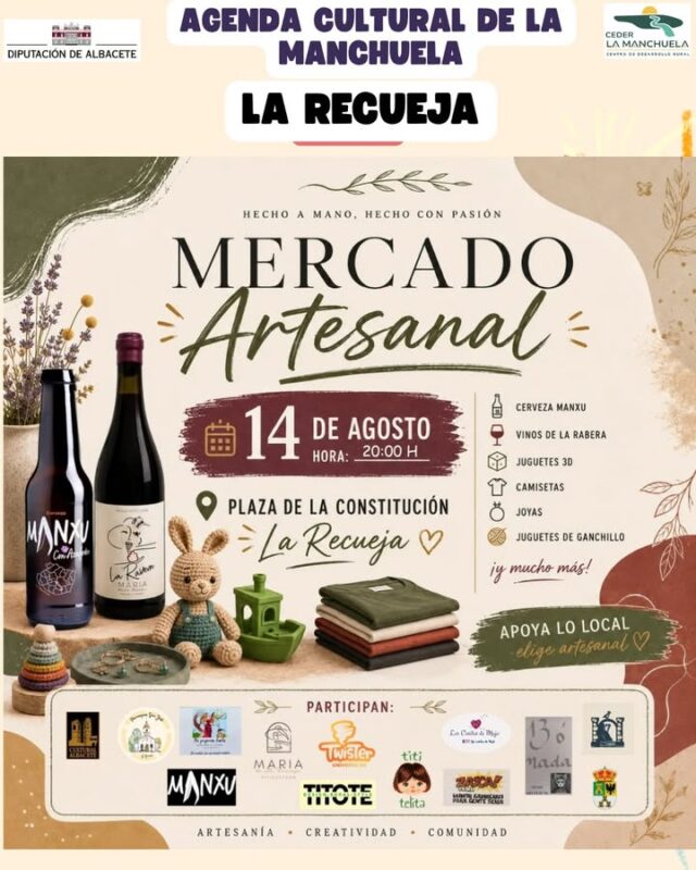 🎭☀️ AGENDA CULTURAL de LA MANCHUELA 🌿🎶

🔥 ¡Llega uno de los fines de semana más intensos del año en La Manchuela!

🧺 La Recueja nos invita a descubrir su gran Mercado Artesanal, con productos hechos a mano y mucho talento local.

🎉 Comienzan las esperadas Fiestas de Mahora, en honor a la Virgen de Gracia y San Roque, con una programación repleta de cultura, tradición y diversión para todas las edades.

🎊 También arrancan las Fiestas de Jorquera en honor a San Roque, continúan las de Villamalea y llegan numerosas propuestas a nuestros pueblos: fiesta de la espuma en Carcelén, coronación en Fuentealbilla, fiesta hawaiana en Pozo Lorente, música en Villa de Ves, fiestas y disfraces, y mucho más.

🙏 Alcalá del Júcar despide sus fiestas en honor a San Lorenzo, mientras Casas de Ves celebra la procesión y ofrenda a la Virgen de la Encarnación y Casas Ibáñez la presentación de la Quinta' 27.

🎶 Y no faltarán la música, la gastronomía y la convivencia, con el concierto de Gafapasta en Alborea y la cena de convivencia en Motilleja.

🌄 Un fin de semana para vivir La Manchuela: cultura, tradición, fiestas, música y, sobre todo, nuestros pueblos y sus gentes.

📲 Consulta toda la programación en www.lamanchuela.es

#CEDERLaManchuela #AgendaCultural #LaManchuela #ViveLaManchuela #Fiestas #Cultura #Tradición #VeranoEnLaManchuela 🎉🌿🎶