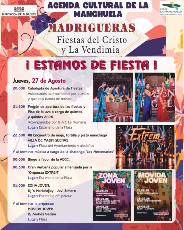 🎭☀️ AGENDA CULTURAL · LA MANCHUELA · 27 DE AGOSTO 🌿🎶

🔥 ¡La Manchuela continúa viviendo un verano lleno de fiestas, tradición y diversión!

🎉 Madrigueras da el pistoletazo de salida a sus esperadas fiestas con la cabalgata de apertura, dando comienzo a unos días repletos de actividades para todos los públicos: verbenas, propuestas solidarias, zona joven y música con DJs. 🎶💃

🎊 Casas Ibáñez continúa con su Feria y Fiestas, con el tradicional baile del vermut, fiesta ibicenca, verbenas y muchas más actividades para disfrutar estos días.

✨ Y Carcelén llega al final de su feria, poniendo el broche a unos días cargados de tradición, cultura y celebración.

🌄 Nuestros pueblos siguen llenando agosto de vida, encuentros, música, tradición y convivencia. ¡La Manchuela no para!

📲 Consulta toda la programación en www.lamanchuela.es y descubre todo lo que puedes disfrutar en nuestra comarca.

#CEDERLaManchuela #AgendaCultural #LaManchuela #Madrigueras #CasasIbáñez #Carcelén #Fiestas #Cultura #Tradición #VeranoEnLaManchuela #ViveLaManchuela 🎉🌿🎶