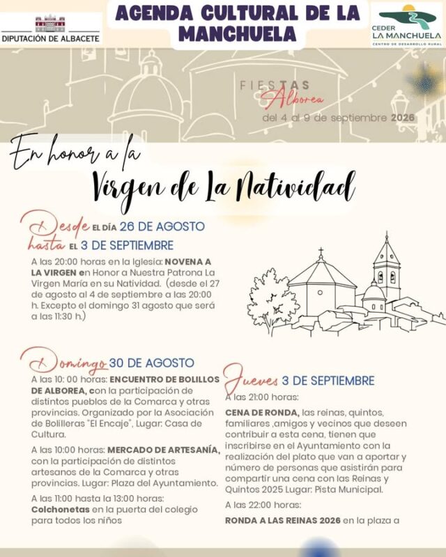 🎭☀️ AGENDA CULTURAL · LA MANCHUELA · 3 Y 4 DE SEPTIEMBRE 🌿🎶

✨ ¡Se acerca un nuevo fin de semana lleno de cultura, tradición, fiestas y convivencia en La Manchuela!

🙏 Hoy, jueves 3 de septiembre, comienzan los actos previos a las esperadas Fiestas de Alborea en honor a la Virgen de la Natividad, con la tradicional Cena de Ronda y las rondas a las peñas, una noche para compartir y mantener vivas nuestras tradiciones. 🎶

⛪ Mañana, viernes 4, Casas de Ves celebra la festividad en honor al Santísimo Cristo de la Salud, con la Santa Misa en la Ermita del Calvario.

🎉 Y todo ello será el comienzo de un gran fin de semana, en el que arrancan las fiestas de El Herrumblar, en honor a Nuestra Señora de la Estrella, y las esperadas fiestas de Alborea, en honor a la Virgen de la Natividad.

🌄 La Manchuela continúa celebrando sus tradiciones, su cultura y la unión de sus pueblos. ¡Ven, participa y vive nuestra comarca!

📲 Consulta toda la programación en www.lamanchuela.es y descubre todos los eventos de la Agenda Cultural.

#CEDERLaManchuela #AgendaCultural #LaManchuela #ViveLaManchuela #Alborea #ElHerrumblar #CasasDeVes #VirgenDeLaNatividad #CristoDeLaSalud #Fiestas #Tradición #Cultura #SeptiembreEnLaManchuela 🎉🌿🙏🎶