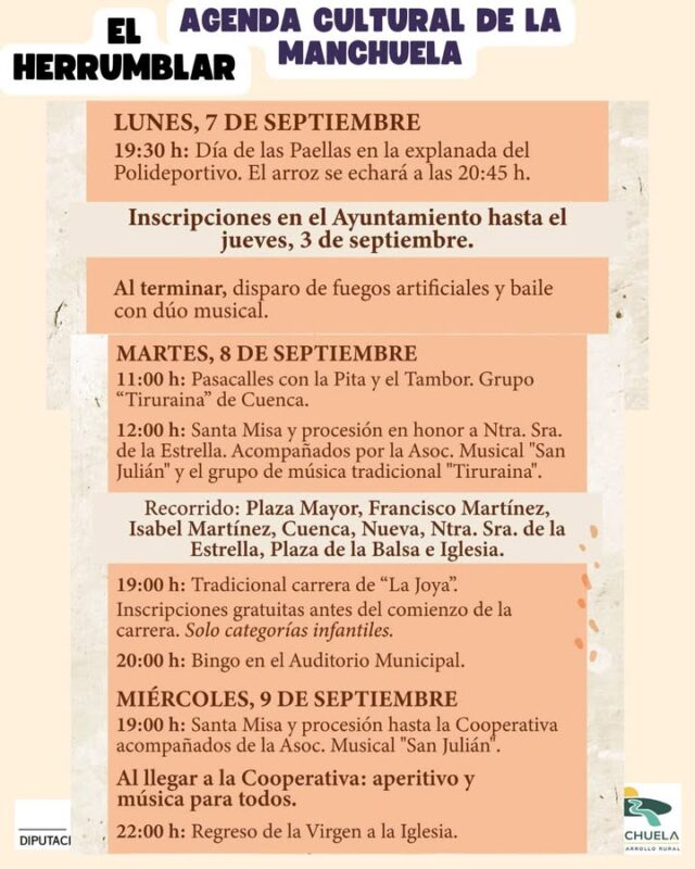 🎭☀️ AGENDA CULTURAL · LA MANCHUELA · 7, 8 Y 9 DE SEPTIEMBRE 🌿🎶

¡Las fiestas continúan en Alborea y El Herrumblar! 🎉🥳

Durante estos días, ambos municipios siguen celebrando sus fiestas con un completo programa de actividades para todos los públicos y todas las edades. Música, tradición, diversión y momentos para compartir y disfrutar junto a vecinos, visitantes, familiares y amigos. 🎶💃🎊

Desde la Agenda Cultural de La Manchuela queremos compartir estas celebraciones y animaros a participar y disfrutar de todo lo que han preparado para estos días. ❤️

📍 Alborea y El Herrumblar os esperan, y con ellos toda La Manchuela, una comarca que sigue demostrando que está llena de cultura, tradiciones, fiestas y experiencias para disfrutar durante todo el año.

📲 Consulta toda la programación en www.lamanchuela.es y descubre todos los eventos de la Agenda Cultural.

#CEDERLaManchuela #AgendaCultural #LaManchuela #ViveLaManchuela #Alborea #ElHerrumblar #Fiestas #Tradiciones #Cultura #Convivencia #LaManchuelaNoPara