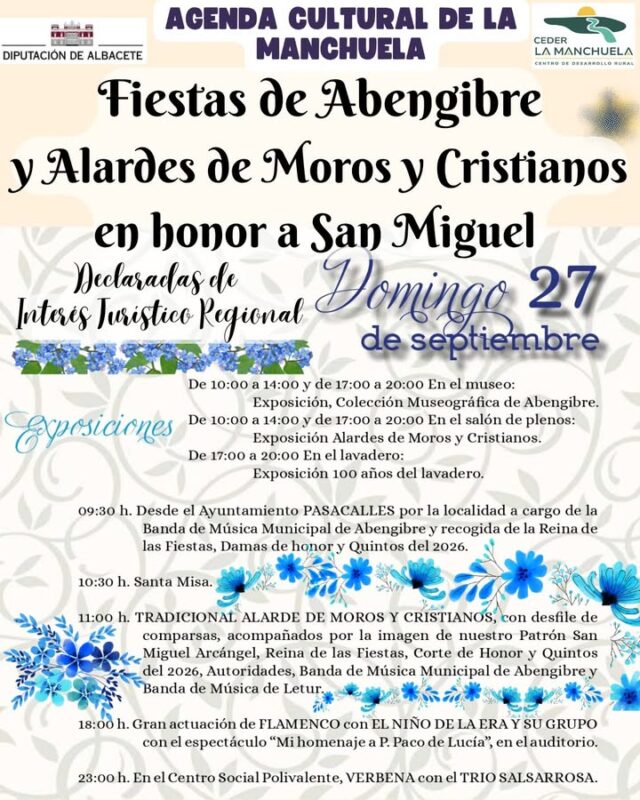 🎭☀️ AGENDA CULTURAL · LA MANCHUELA · 27, 28 Y 29 DE SEPTIEMBRE 🌿🎶

⚔️ ESTE DOMINGO, LOS ALARDES DE ABENGIBRE

Continúan las fiestas de Abengibre en honor a San Miguel Arcángel y este domingo, 27 de septiembre, llega uno de sus momentos más esperados: los tradicionales Alardes de Moros y Cristianos, recientemente declarados Fiesta de Interés Turístico Regional.

Una tradición de casi 150 años, cuyos textos originales en verso fueron escritos en 1879 por Bernardino Pérez Iniesta, y que desde entonces se representan como parte de las fiestas patronales de Abengibre.

⚔️ Una espectacular representación de la batalla entre moros y cristianos, con generales y embajadores de ambos bandos, desfiles, escenificaciones y parlamentos en verso, que convierten las calles y alrededores del municipio en un auténtico escenario de teatro popular.

📲 Consulta toda la programación y descubre todos los eventos de la Agenda Cultural de La Manchuela.

🌿 Vive la cultura. Vive las tradiciones. Vive La Manchuela.

❤️ Una tradición mantenida generación tras generación que reúne cada año a vecinos y visitantes en torno a la historia, la cultura y la devoción a San Miguel Arcángel.

📍 Este domingo, 27 de septiembre, Abengibre te espera. Sin olvidar el III Certamen rural de circo de Alatoz y el resto de actividades culturales de la Manchuela 

#CEDERLaManchuela #AgendaCultural #LaManchuela #Abengibre #AlardesDeAbengibre #MorosYCristianos #SanMiguelArcángel #InterésTurísticoRegional #Tradiciones #Cultura #ViveLaManchuela #Alatoz #CasasIbáñez #Villamalea #Cultura #Tradiciones #Música #Circo #ViveLaManchuela