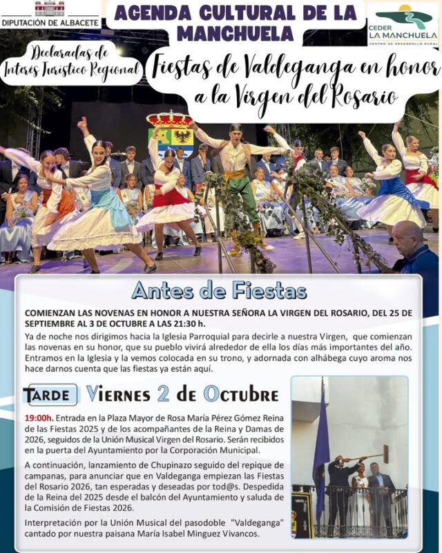 🎭☀️ AGENDA CULTURAL · LA MANCHUELA · 2 Y 3 DE OCTUBRE 🌿🎶

¡La Manchuela comienza octubre con mucha cultura y fiesta! 🎉❤️

Este viernes y sábado celebramos las Fiestas de Alatoz y Valdeganga en honor a la Virgen del Rosario, con programas repletos de actividades para disfrutar con familiares y amigos.

🎉 ALATOZ
Humor, espectáculos, música, DJs, verbenas y gastronomía se dan cita durante estos días de fiesta.

🎊 VALDEGANGA
Tradición, música y diversión con sus fiestas en honor a la Virgen del Rosario, con actividades para todos los públicos.

🍇 Y además, Villamalea celebra su Fiesta de la Vendimia, poniendo en valor una de las grandes tradiciones y productos de nuestra comarca.

🎬 También tendremos cine y teatro en Casas Ibáñez y otros municipios de La Manchuela.

🌿 Un nuevo fin de semana para salir, participar y descubrir todo lo que nuestros pueblos tienen preparado.

📲 Consulta toda la programación en la web de La Manchuela y descubre todos los eventos de la Agenda Cultural de La Manchuela.

❤️ ¡Vive la cultura, vive nuestras tradiciones, vive La Manchuela!

#CEDERLaManchuela #AgendaCultural #LaManchuela #Alatoz #Valdeganga #Villamalea #casasibañez #Fiestas #VirgenDelRosario #Vendimia #Cultura #Tradiciones #ViveLaManchuela