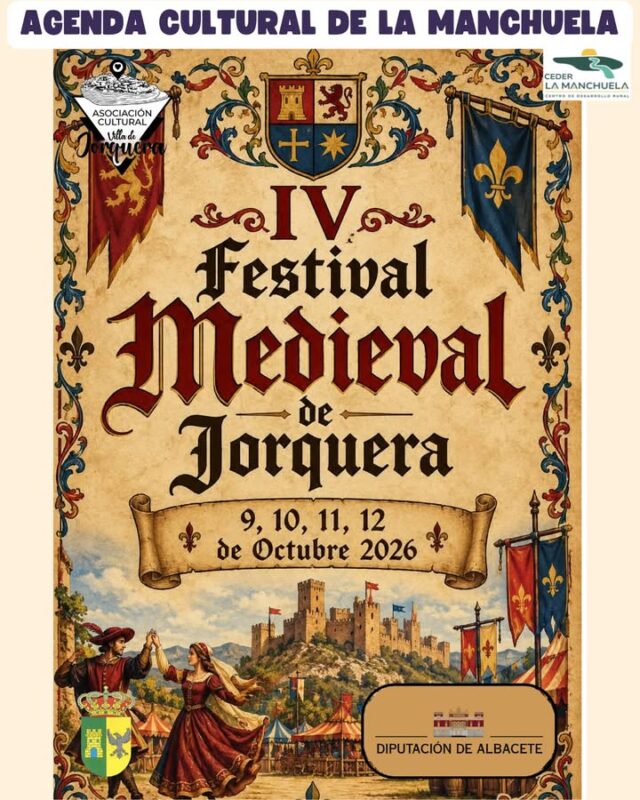 🏰✨ AGENDA CULTURAL · LA MANCHUELA · ✨🌿
¡Damos la bienvenida al IV Festival Medieval de Jorquera! 🏰🎭
Del viernes 9 al lunes 12 de octubre, las calles de Jorquera se llenarán de historia, tradición y magia para transportarnos a tiempos pasados. ⚔️Comida y bebida 🎶 Productos artesanales 🎭 Personajes, 🎶 Música, 🏰 Espectáculos
👨‍👩‍👧‍👦 Actividades para disfrutar en familia y con amigos.

Pero el Festival Medieval de Jorquera es mucho más que una celebración. Es una oportunidad para descubrir Jorquera, su patrimonio, su naturaleza, sus costumbres y sus raíces, y compartir toda esa riqueza con los vecinos y con quienes visitan esta localidad durante estos días. ❤️
Una cita para pasear por sus calles, descubrir su historia y disfrutar de un ambiente único en uno de los rincones más especiales de La Manchuela.
📍 ¡Jorquera te espera del 9 al 12 de octubre!
Durante todos los días habrá una gran variedad de productos artesanales y servicio de restauración
📲 Consulta toda la programación en la web de La Manchuela y descubre todos los eventos de la Agenda Cultural de La Manchuela.
🌿 Vive la historia. Vive nuestras tradiciones. Vive La Manchuela.
#CEDERLaManchuela #AgendaCultural #LaManchuela #Jorquera #FestivalMedieval #JorqueraMedieval #Historia #Patrimonio #Tradiciones #Cultura #ViveLaManchuela #lamanchuelanopara