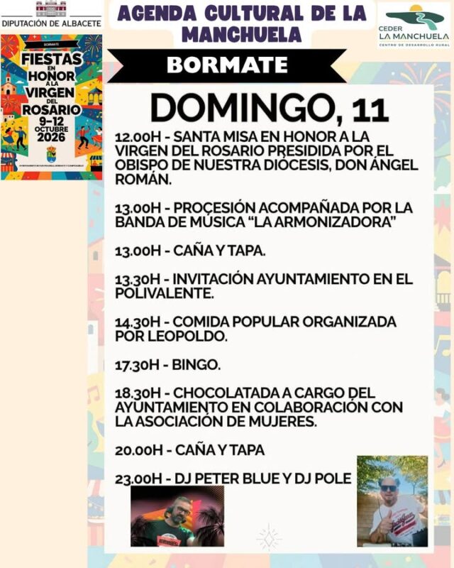 🎭🎉 AGENDA CULTURAL · LA MANCHUELA · 11 Y 12 DE OCTUBRE 🌿🎶
¡La Manchuela sigue de fiesta! ❤️🥳
Este domingo y lunes continúan las celebraciones, las actividades culturales y las propuestas para disfrutar de nuestros pueblos.
🏰 Jorquera sigue llenando sus calles de historia y magia con su IV Festival Medieval.
🎉 Bormate continúa celebrando sus fiestas en honor a la Virgen del Rosario, con música, tradición y diversión para todos los públicos.
🌿 Unos días perfectos para compartir, descubrir nuestras tradiciones y disfrutar de la cultura y el ambiente festivo de La Manchuela.

❤️ ¡Vive la cultura, vive nuestras tradiciones, vive La Manchuela!
#CEDERLaManchuela #AgendaCultural #LaManchuela #Jorquera #Bormate #Cultura #Fiestas #Tradiciones #ViveLaManchuela