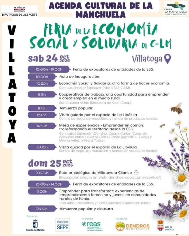 🍂🎭 AGENDA CULTURAL · LA MANCHUELA · 24 Y 25 DE OCTUBRE 🌿🎶

¡Este fin de semana, La Manchuela se llena de cultura, música, teatro, poesía y naturaleza! ❤️

Nuestra comarca nos ofrece un montón de propuestas para disfrutar de nuestros pueblos y compartir experiencias para todos los gustos.

🌱 Villatoya celebra la Feria de la Economía Social y Solidaria.

🥾 Ruta por el Cabriel para disfrutar de la naturaleza.

🎶 Villamalea nos invita a disfrutar de un recital poético-musical dedicado a Lorca y de teatro infantil.

🎵 Música en El Cuco, en Casas de Juan Núñez.

🏴‍☠️ Fuentealbilla recibe el teatro familiar con La Reina Pirata.

💃 Casas Ibañez se llena de arte y emoción con el espectáculo Lorca Flamenco.

🍁 Y, entre actividad y actividad, no olvides disfrutar de la magia del otoño en La Manchuela: sus paisajes, sus caminos, sus rincones con historia y el encanto de nuestros pueblos.

📲 Consulta toda la programación en la web de la Manchuela y descubre todo lo que te espera este fin de semana.

❤️ Este otoño, recorre nuestros pueblos, disfruta de la cultura y déjate sorprender por los colores de La Manchuela.

#CEDERLaManchuela #AgendaCultural #LaManchuela #Villatoya #Villamalea #CasasDeJuanNúñez #Fuentealbilla #Cultura #Teatro #Música #Poesía #Naturaleza #OtoñoEnLaManchuela #ViveLaManchuela